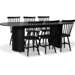 PiPi matgrupp 230 cm inkl. 6 st Karl svarta pinnstolar - Svartbetsat trä + 6.00 x Stolsdyna