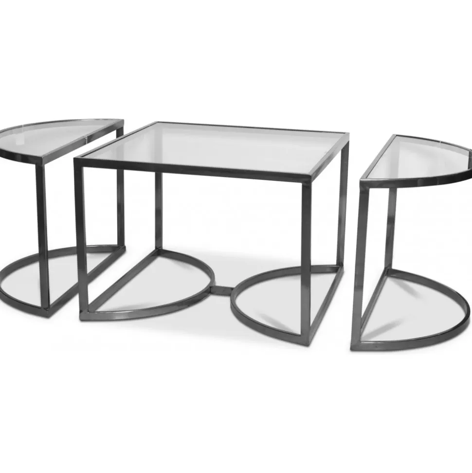 Prins soffbord och sidobord set om 3 bord - Silver/Glas + Möbeltassar