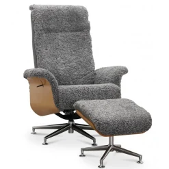 Reclinerfåtölj med fotpall i äkta fårskinn ek/grafitgrå - Ulla