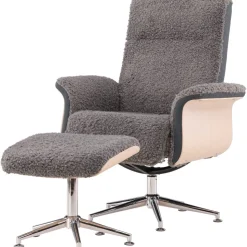 Reclinerfåtölj med fotpall - Grå fårskinnsimitation/whitewash ek