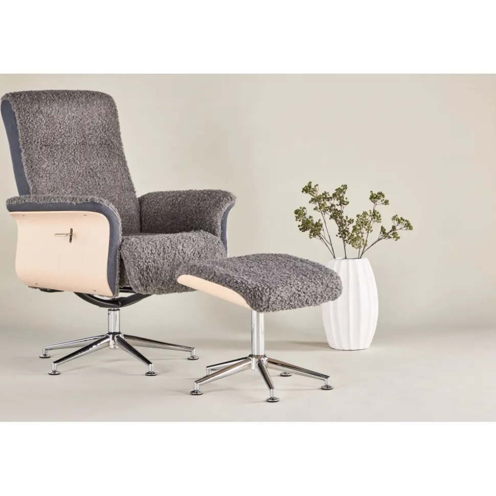 Reclinerfåtölj med fotpall - Grå fårskinnsimitation/whitewash ek + Textilrengöring för möbler