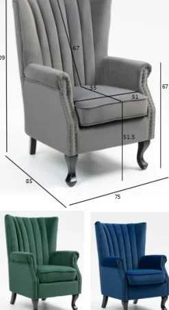 Öronlappsfåtölj i blått sammet