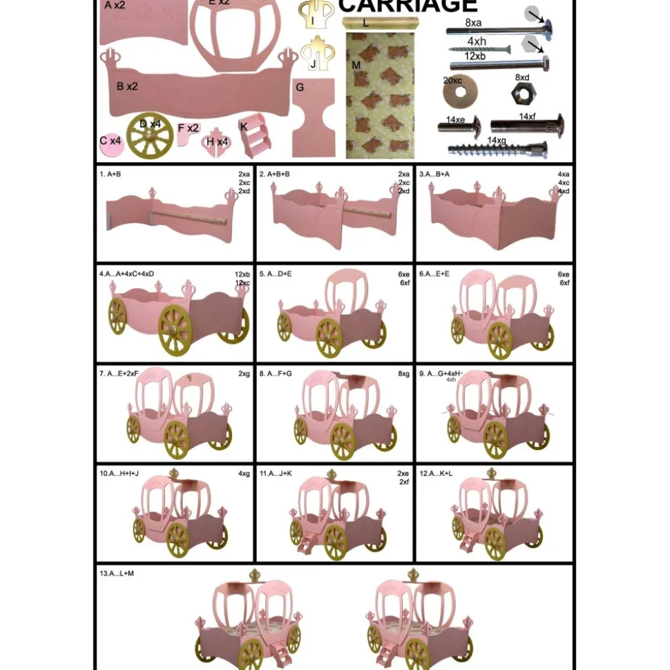 Rosa prinsessvagn barnsäng - 90 x 190 cm