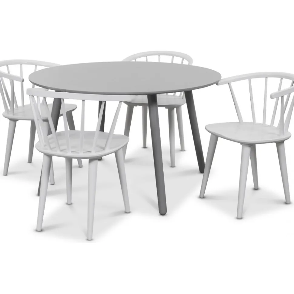 Rosvik matgrupp grått runt bord med 4 st vita Dalsland Pinnstolar