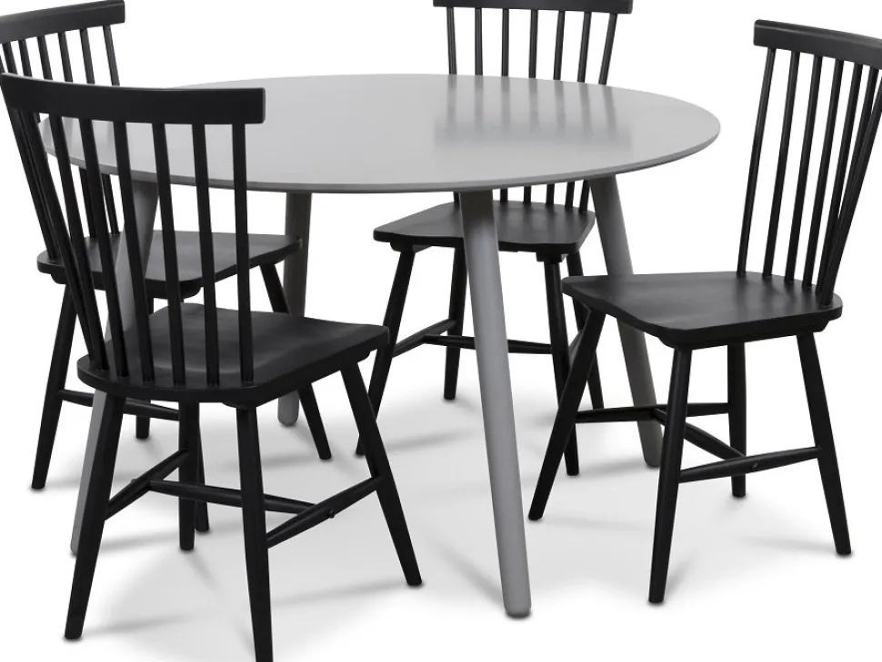 Rosvik matgrupp grått runt bord med 4 st svarta Karl Pinnstolar - Grå / Svarta