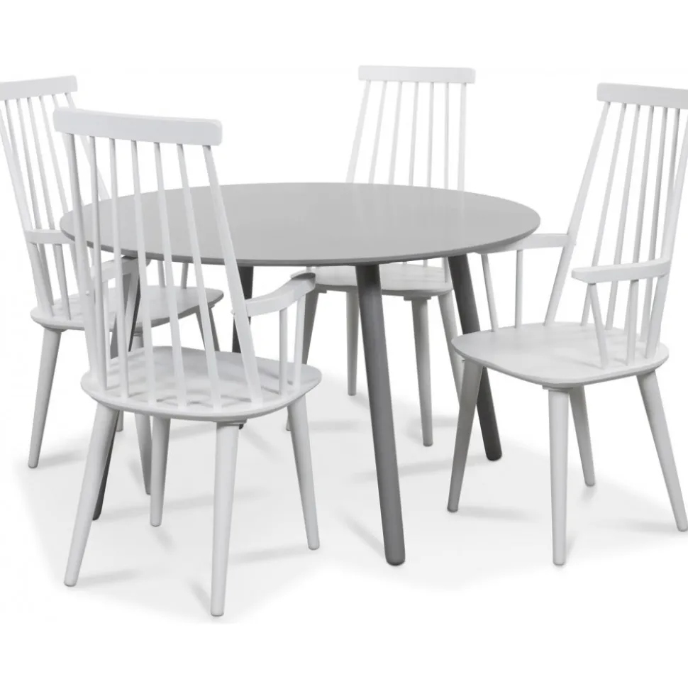 Rosvik matgrupp grått runt bord med 4 st vita Dalsland pinnstolar
