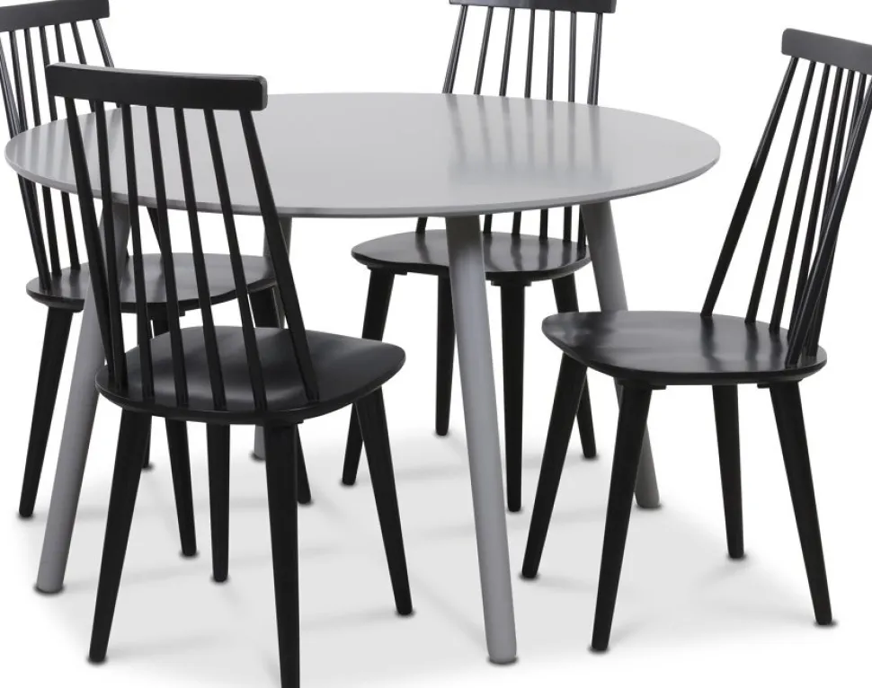 Rosvik matgrupp grått runt bord med 4 st svarta Dalsland Pinnstolar - Grå / Svarta + 3.00 x Möbeltassar