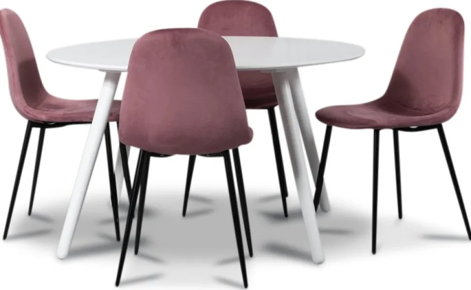 Rosvik matgrupp, matbord med 4 st Carisma sammetsstolar - Vit/Rosa + 4.00 x Stolsdyna