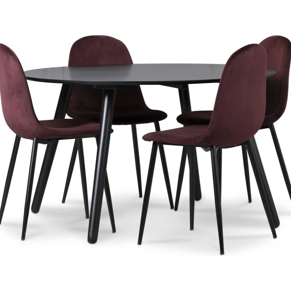 Rosvik matgrupp, matbord med 4 st Carisma sammetsstolar - Bordeaux/Svart