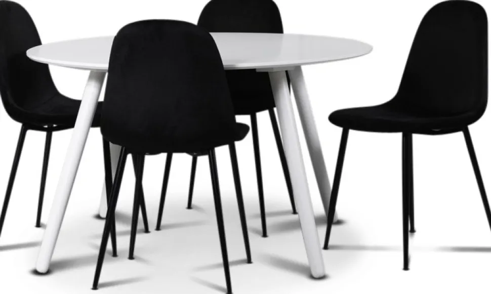 Rosvik matgrupp, matbord med 4 st Carisma sammetsstolar - Vit/Svart + 3.00 x Möbeltassar