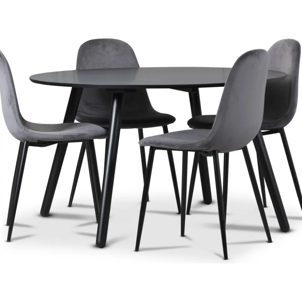 Rosvik matgrupp, matbord med 4 st Carisma sammetsstolar - Grå/Svart + 3.00 x Möbeltassar