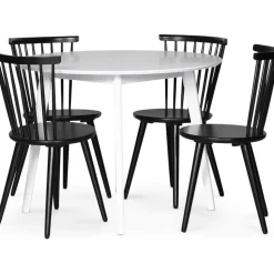 Runt matbord med 4 st svarta pinnstolar + 3.00 x Möbeltassar