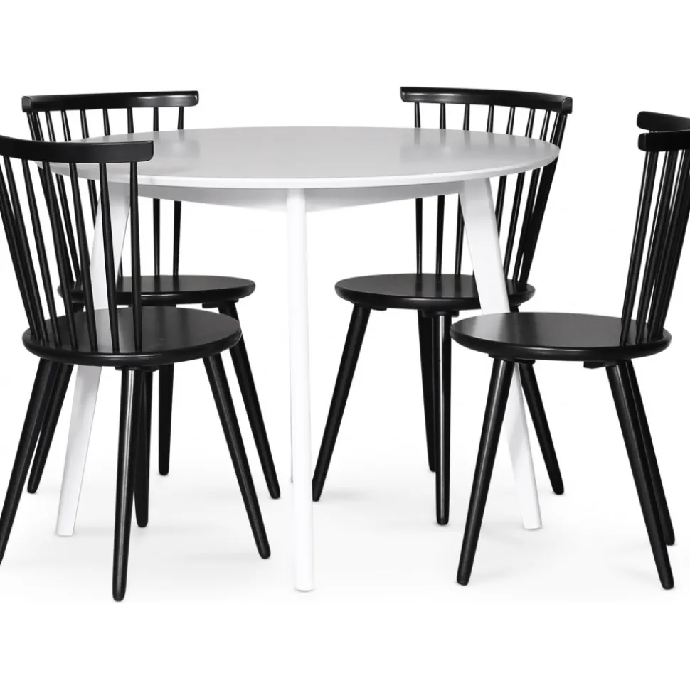 Runt matbord med 4 st svarta pinnstolar + 3.00 x Möbeltassar