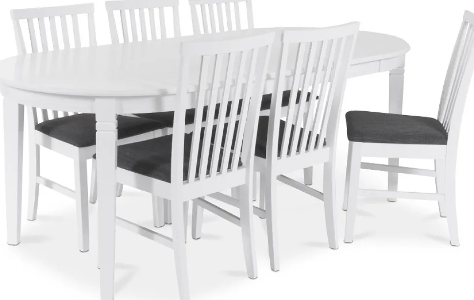 Sandhamn Matgrupp; ovalt bord med 6 st Sandhamn stolar i Grått tyg + 4.00 x Möbeltassar