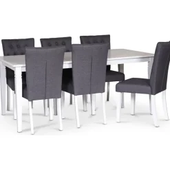 Sandhamn matgrupp; 180x95 cm bord med 6 st Crocket matstolar i grått tyg + 4.00 x Möbeltassar