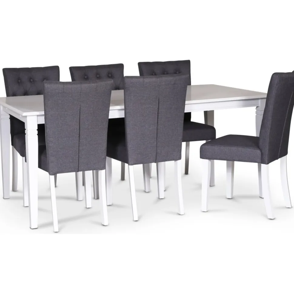 Sandhamn matgrupp; 180x95 cm bord med 6 st Crocket matstolar i grått tyg + 4.00 x Möbeltassar