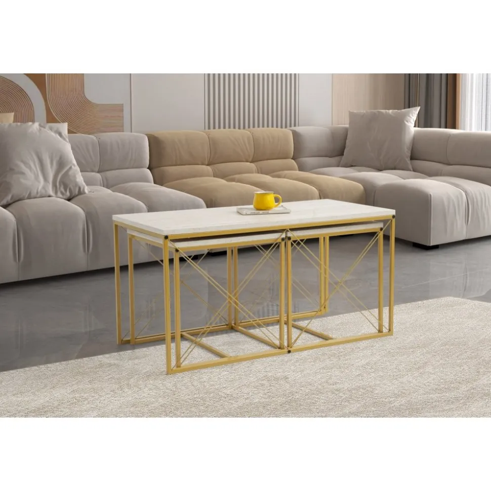 Satsbord Defne i 3 delar - Guld/marmor