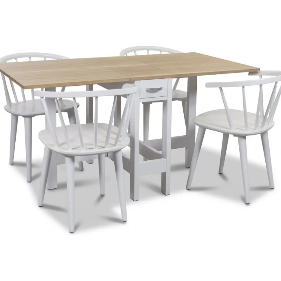 Signum matgrupp Slagbord vit/ek med 4 st vita fredrik pinnstolar med karm