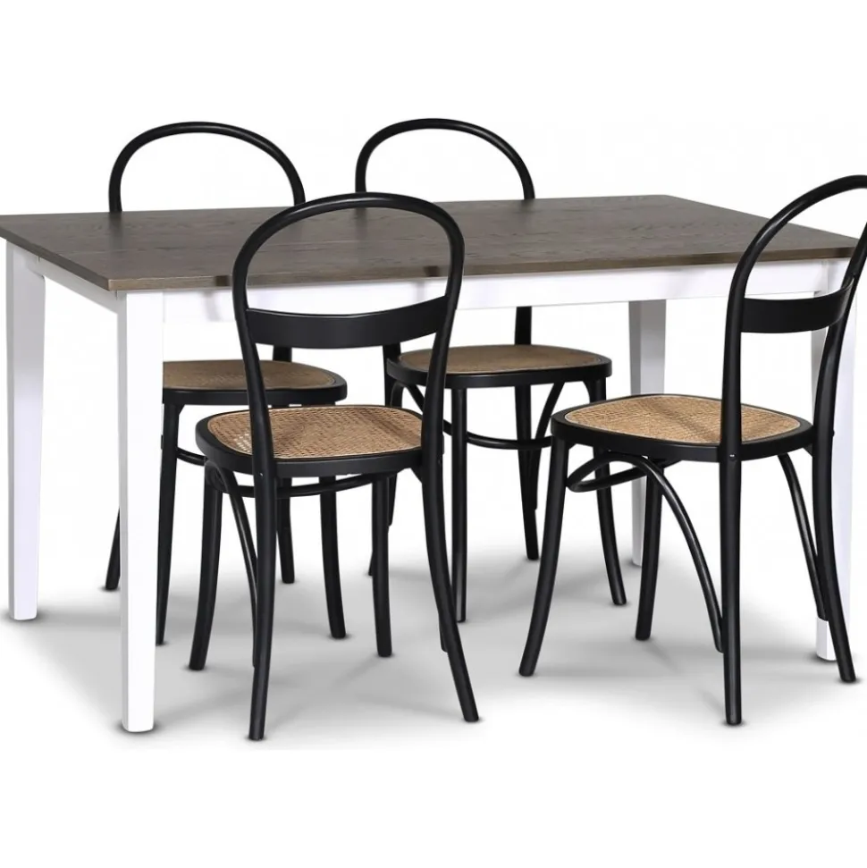 Skagen matgrupp; matbord 140 cm - Vit / brunbetsad ek med 4 st Danderyd No.16 matstolar Svart