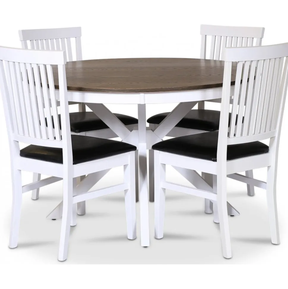 Skagen matgrupp; runt matbord Ø120 cm - Vit / brunoljad ek med 4 st Fårö stolar (Ribbor i ryggen) med svart PU-sits + 3.00 x Möbeltassar
