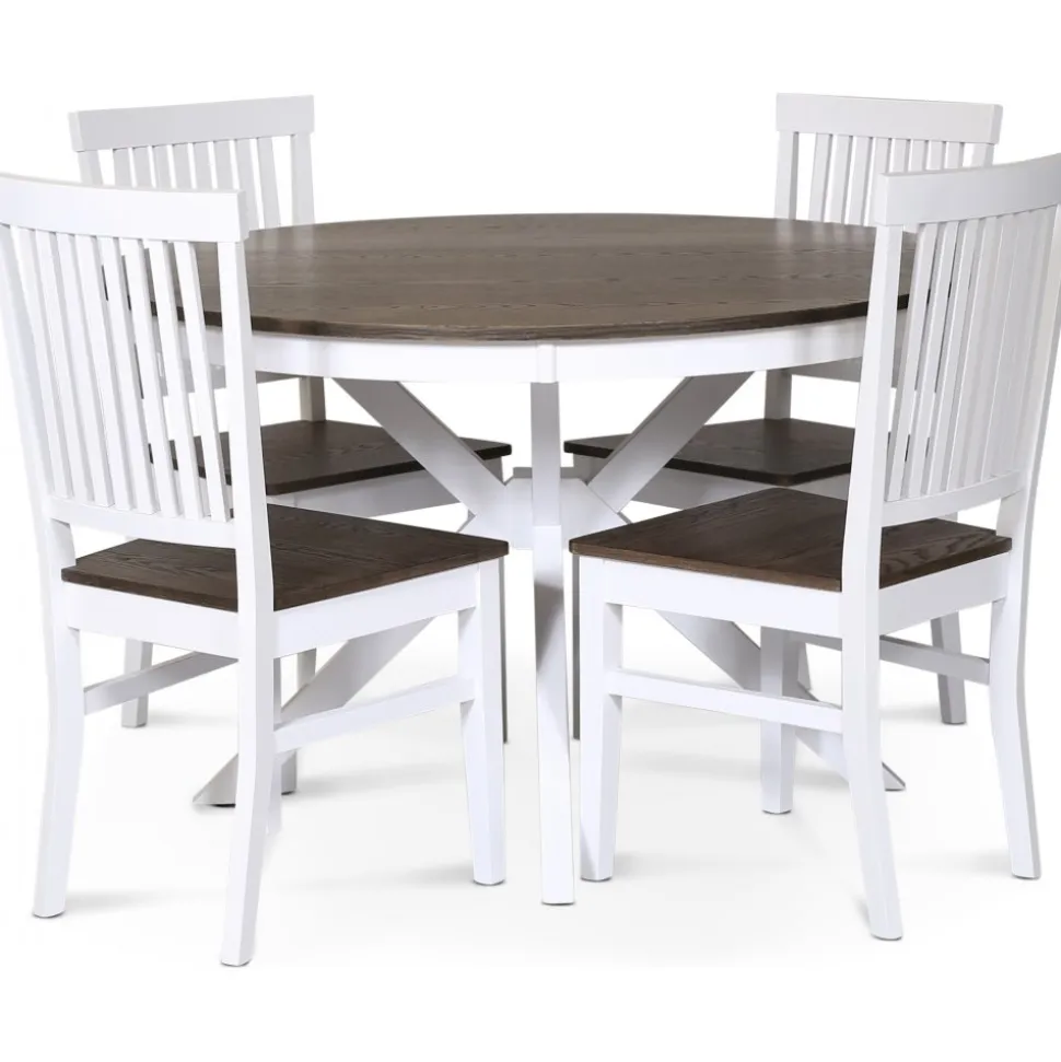 Skagen matgrupp; runt matbord Ø120 cm - Vit / brunoljad ek med 4 st Skagen stolar (Ribbor i ryggen) med brunoljad eksits + 3.00 x Möbeltassar