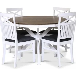Skagen matgrupp; runt matbord Ø120 cm - Vit / brunoljad ek med 4 st Skagen stolar med grå sits + 3.00 x Möbeltassar