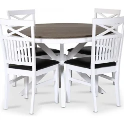 Skagen matgrupp; runt matbord Ø120 cm - Vit / brunoljad ek med 4 st Fårö stolar (Kryss i ryggen) med svart PU sits