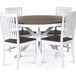 Skagen matgrupp; runt matbord Ø120 cm - Vit / brunoljad ek med 4 st Skagen stolar (Ribbor i ryggen) med brunoljad eksits