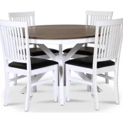 Skagen matgrupp; runt matbord Ø120 cm - Vit / brunoljad ek med 4 st Fårö stolar (Ribbor i ryggen) med svart PU-sits + 4.00 x Stolsdyna