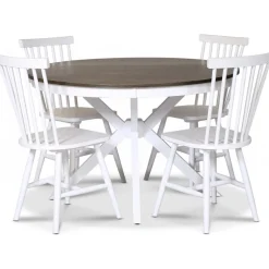 Skagen matgrupp; runt matbord Ø120 cm - Vit / brunoljad ek med 4 st vita Karl Pinnstolar + 4.00 x Stolsdyna