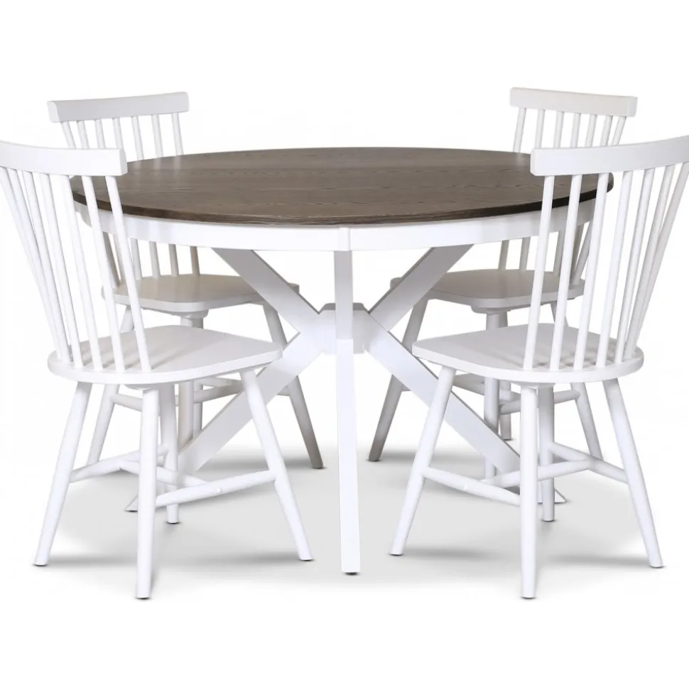 Skagen matgrupp; runt matbord Ø120 cm - Vit / brunoljad ek med 4 st vita Karl Pinnstolar + 4.00 x Stolsdyna