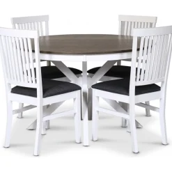 Skagen matgrupp; runt matbord Ø120 cm - Vit / brunoljad ek med 4 st Fårö stolar (Ribbor i ryggen) med grå tygsits + 4.00 x Stolsdyna