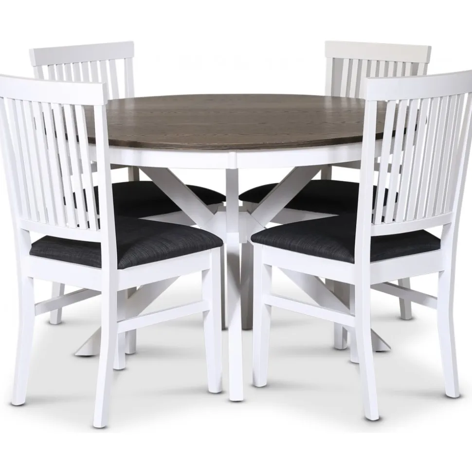 Skagen matgrupp; runt matbord Ø120 cm - Vit / brunoljad ek med 4 st Fårö stolar (Ribbor i ryggen) med grå tygsits + 4.00 x Stolsdyna