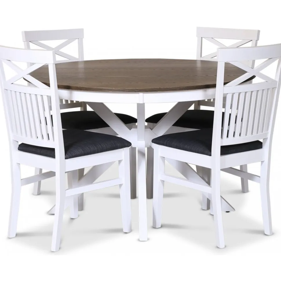 Skagen matgrupp; runt matbord Ø120 cm - Vit / brunoljad ek med 4 st Skagen stolar med grå sits