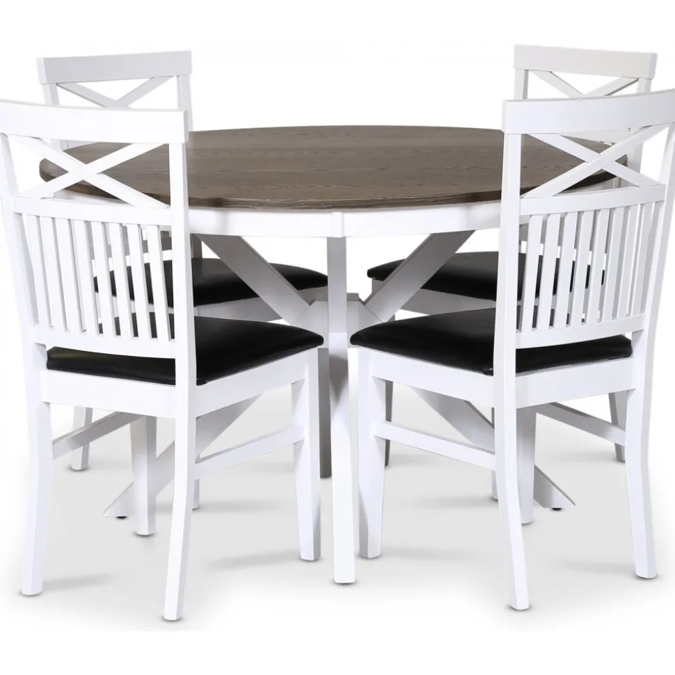 Skagen matgrupp; runt matbord Ø120 cm - Vit / brunoljad ek med 4 st Fårö stolar (Kryss i ryggen) med svart PU sits + 4.00 x Stolsdyna
