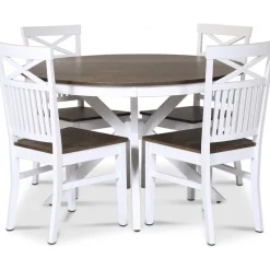 Skagen matgrupp; runt matbord Ø120 cm - Vit / brunoljad ek med 4 st Skagen stolar (Kryss i ryggen) med brunoljad eksits + 3.00 x Möbeltassar