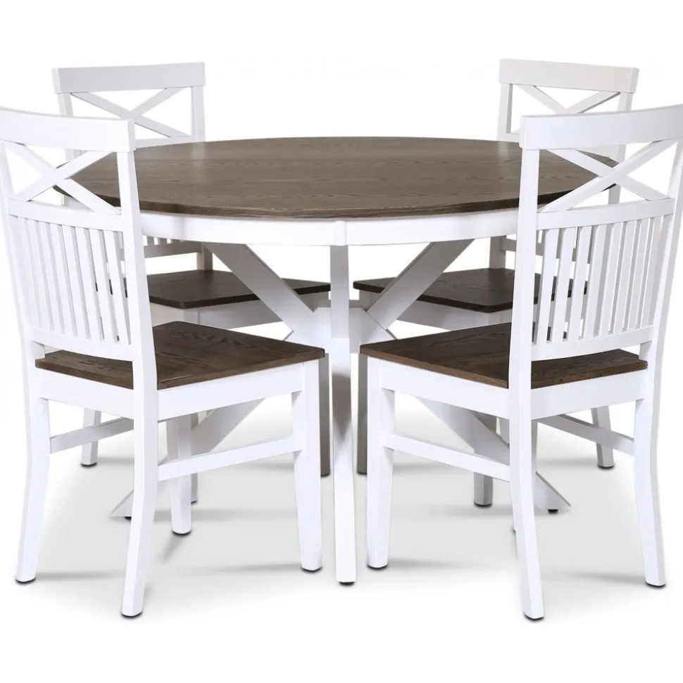 Skagen matgrupp; runt matbord Ø120 cm - Vit / brunoljad ek med 4 st Skagen stolar (Kryss i ryggen) med brunoljad eksits + 3.00 x Möbeltassar