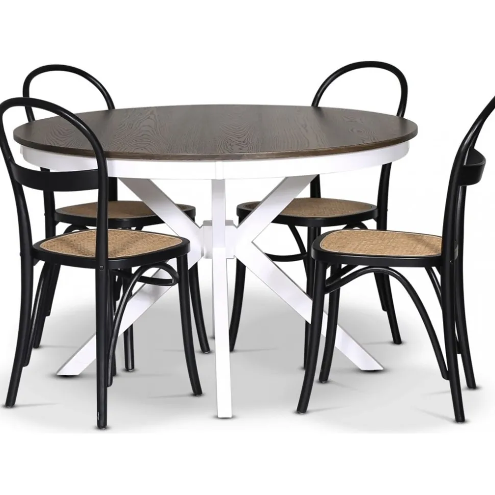 Skagen matgrupp; runt matbord 120 cm - Vit / brunbetsad ek med 4 st Danderyd No.16 stolar Svart + 3.00 x Möbeltassar