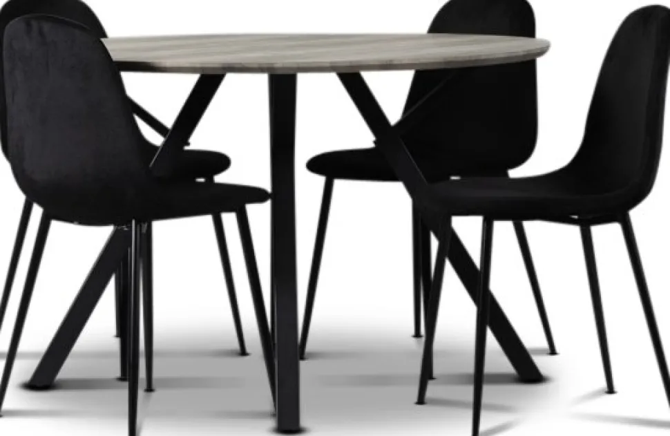 Smokey matgrupp, runt matbord med 4 st Carisma sammetsstolar - Svart + 3.00 x Möbeltassar