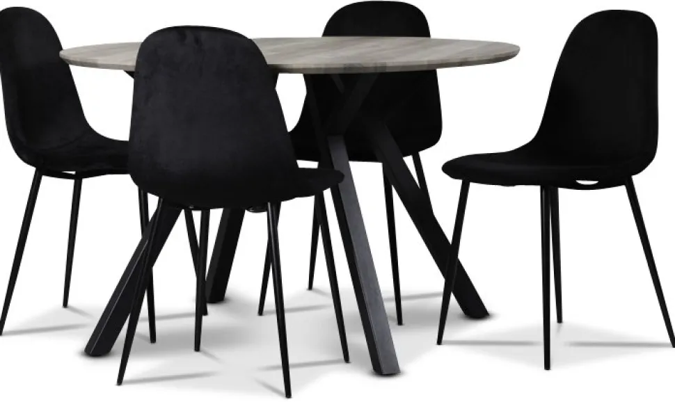 Smokey matgrupp, runt matbord med 4 st Carisma sammetsstolar - Svart + 4.00 x Stolsdyna