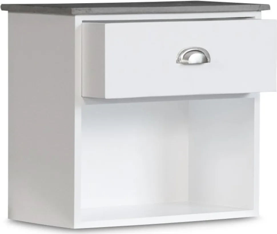 Sängbord Hugo vägghängt med 1 låda - Vit/Cement + Möbeltassar