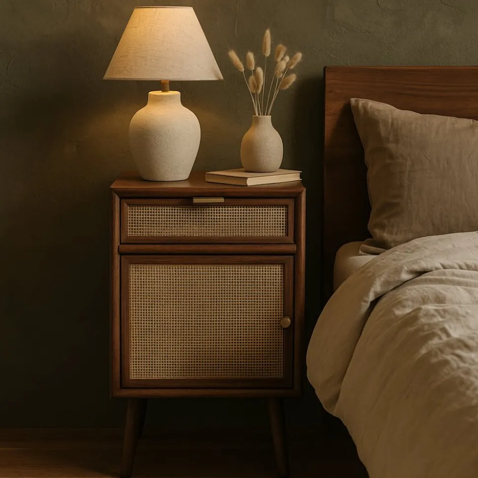 Sängbord valnöt/rotting 71 cm högt + Möbeltassar