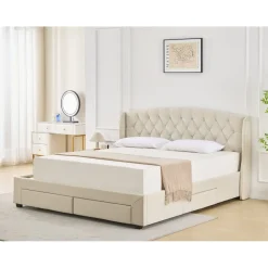 Sängram med förvaring inklusive sänggavel 160 x 200 cm - Beige