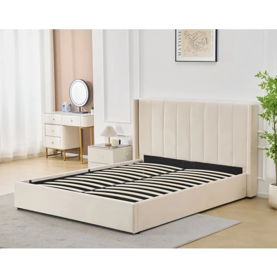 Sängram med sänggavel och förvaring 180 x 200 cm - Beige - Bianca