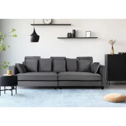 Soffa 270 cm bred och 114 cm djup - grå sammet + Fläckborttagare för möbler