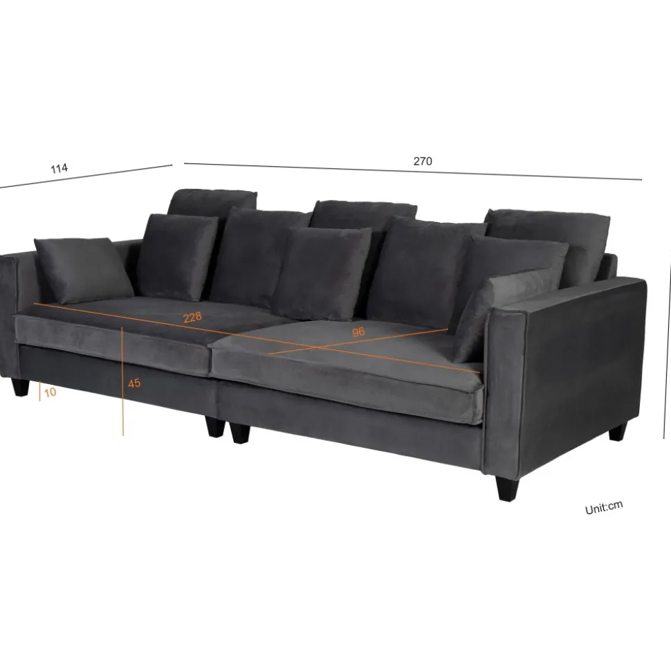 Soffa 270 cm bred och 114 cm djup - grå sammet + Fläckborttagare för möbler