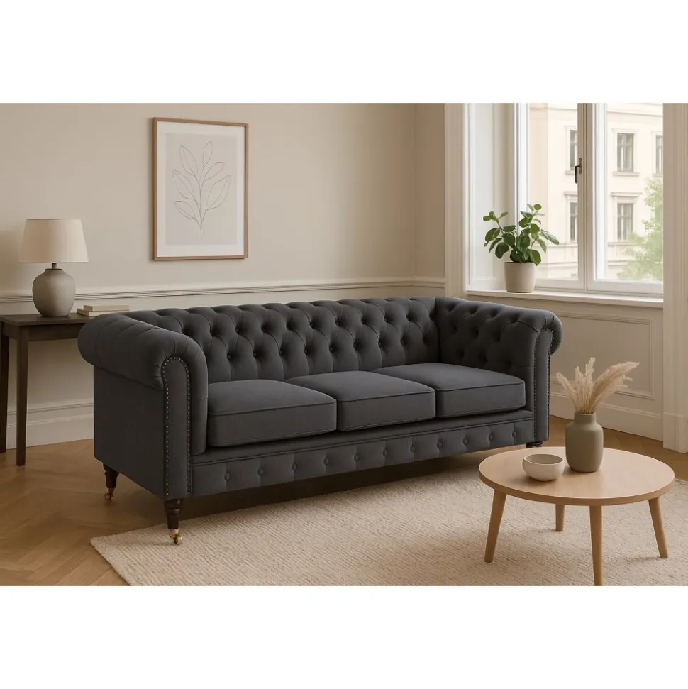 Soffa Chesterfield Cambridge Deluxe 225 cm - Mörkgrå sammet
