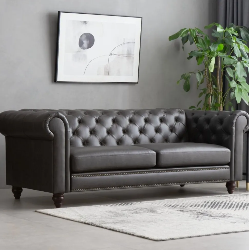 Soffa chesterfield 3-sits 219 cm svart konstläder + Textilrengöring för möbler