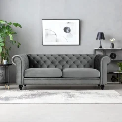 Soffa chesterfield 3-sits grå 219 cm lång