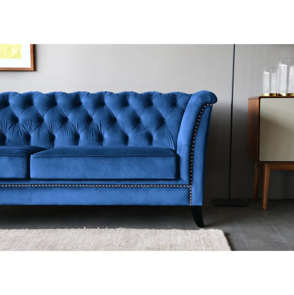 Soffa 3-sits Chesterfield Blå - Milton + Textilrengöring för möbler